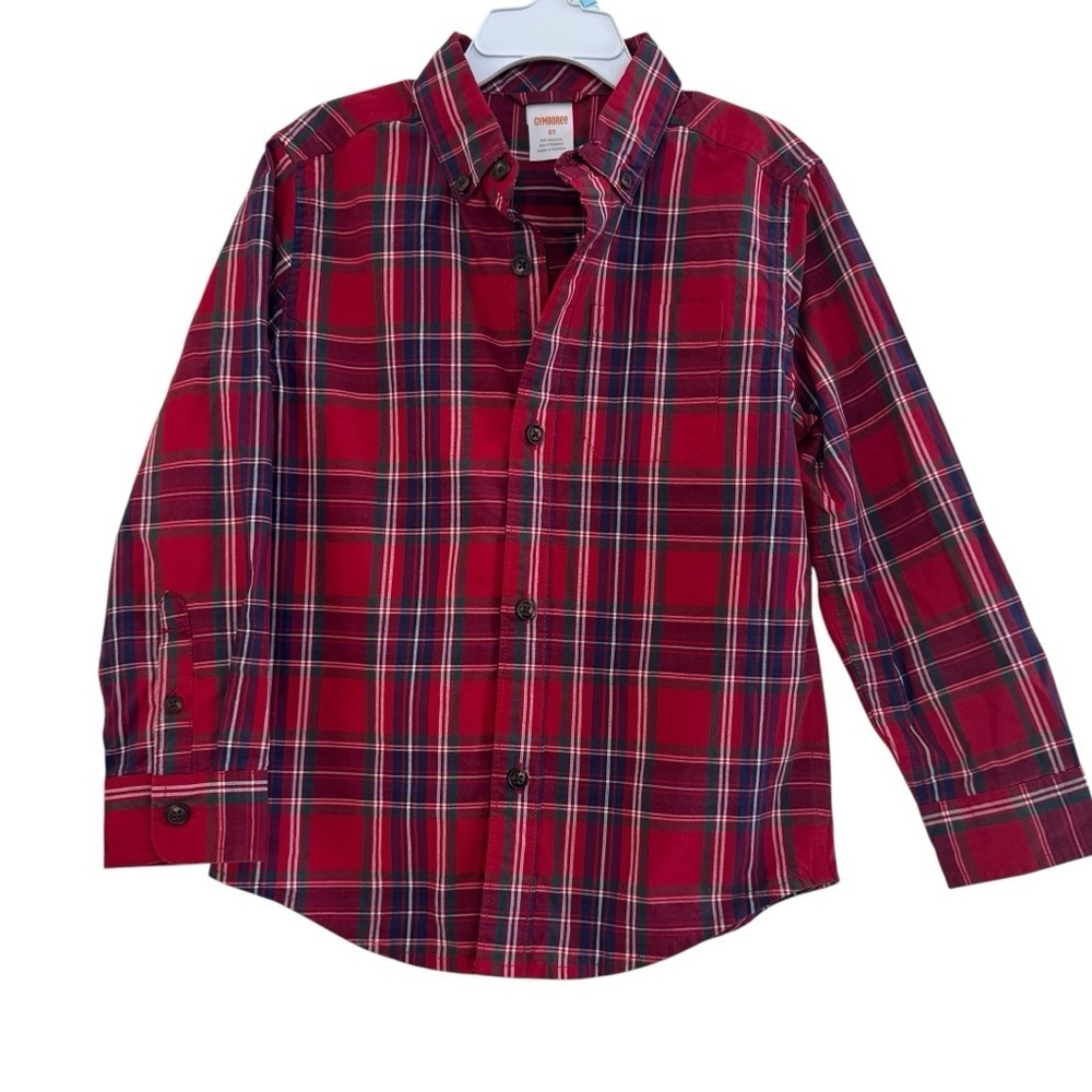 Gymboree Red Christmas Plaid Check Poplin Button Up Shirt Boys 5T Cotton